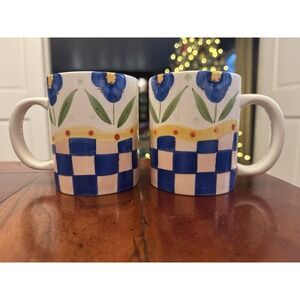Set‎ Of 2 Decorative Housewares Blue & Pink Royal Checkered Porcelain Mugs